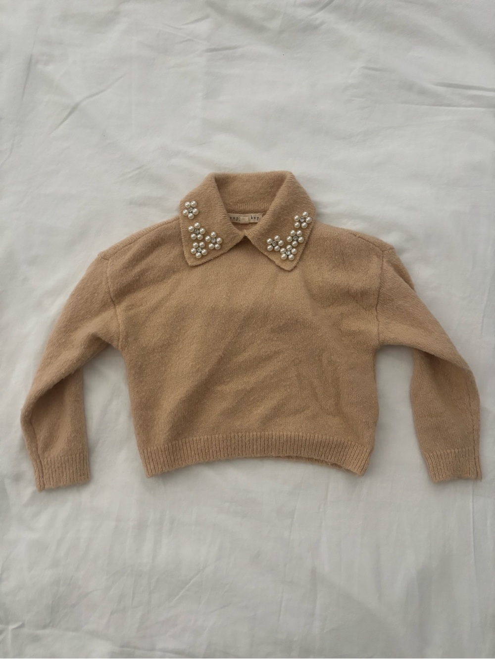 Copper Key Pearl-Embellished Beige Crewneck Sweater